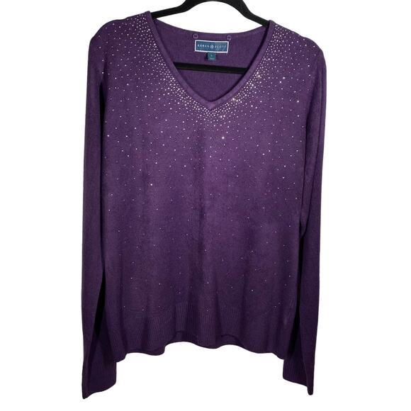 Karen Scott  Sweater Rhinestone V Neck Purple Womens Sz Large Scarf Not Included - Picture 2 of 7